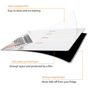 A layered magnetic calendar planner with a stain-resistant film, full colour printing, and a strong black magnetic backing.