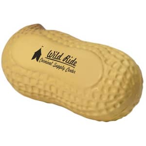 A yellow peanut-shaped stress reliever with a logo on its surface, featuring a textured design.