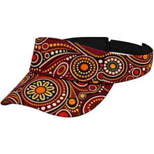A patterned full sublimation visor featuring vibrant reds, oranges, and intricate designs. It includes a logo.