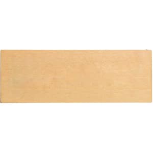 A wooden name badge in a light, natural wood colour, featuring a smooth, rectangular surface and a branding logo.