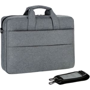A grey laptop bag with dual handles and a front pocket, accompanied by a smaller accessory pouch.