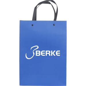 A blue knitted handle bag with lamination, featuring two black handles and a logo.