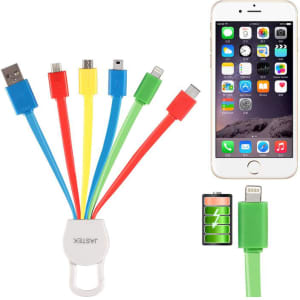 A 6-in-1 charging cable in red, yellow, green, and blue with a white holder, alongside a smartphone displaying icons.