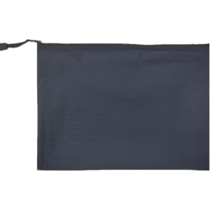A dark navy zip bag with a textured surface, featuring a drawstring closure and a logo.