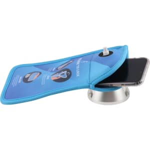 A lockable phone pouch in blue with a suction base and a smartphone inserted inside. It features a logo.