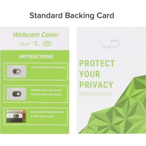 A promotional card featuring a mini webcam cover, with green and white design elements and instructions for use.