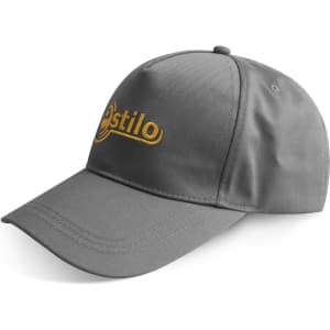 A grey cap with a curved brim and a logo on the front. Suitable for headwear promotion.