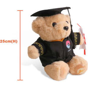 A plush toy bear dressed in a graduation gown and cap, holding a diploma. The bear is tan in colour and measures 25cm tall.