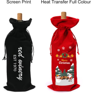 A drink bottle bag in black flannel on one side and red flannel with a festive design on the other. Both feature drawstrings.