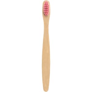 A small bamboo toothbrush with a pink bristle head and a smooth bamboo handle. It has a simple logo on the base.