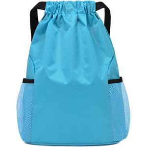 A turquoise drawstring backpack with black accents and mesh side pockets. It features a logo on the front.