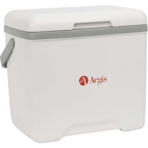 A 13L cooler box in white with a grey lid and handle, featuring a logo on the side.