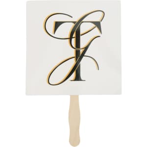 A custom shape paper hand fan with a white surface and wooden handle, featuring a decorative black and gold design.
