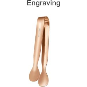 A pair of stainless steel ice tongs in a rose gold finish, featuring a sleek design and a branding logo.