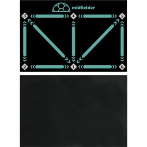 A black football training mat featuring teal directional arrows and numbers for drills, with a logo in the top centre.