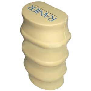 A cream-coloured spine-shaped stress reliever with a logo on the top, designed for stress relief.