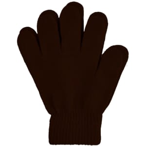 A pair of brown knitted gloves with a ribbed cuff and a woven label.