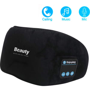Bluetooth sleep headphones in black with built-in microphone and controls for music and calling. Features branding.