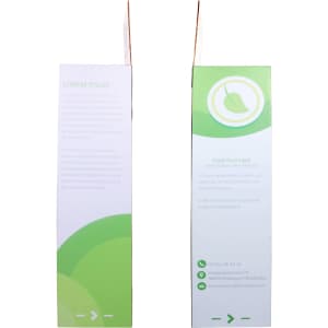 Two sides of a green and white cardboard display box, featuring a logo and space for text.