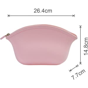 A pink silicone cosmetic bag with dimensions of 26.4cm x 7.7cm x 14.8cm, featuring a zip closure.