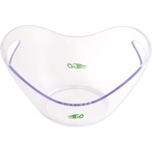 A transparent ice bucket with a curved design and handles, featuring a green logo.