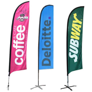 Three straight feather banners in pink, blue, and green, featuring logos and promotional designs.
