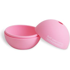 A pink silicone mould with two halves, designed for creating ice balls. It features a logo on the top.