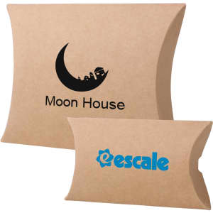 Two large brown kraft pillow boxes, featuring different logos in black and blue.