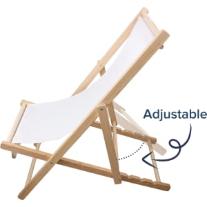 A wooden beach chair with a white fabric seat, featuring an adjustable backrest and a natural wood frame.