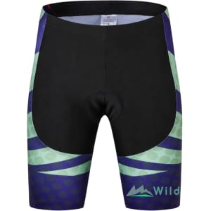 Men's cycling shorts featuring a black base with green and purple patterned accents, and a logo. Designed for sports use.