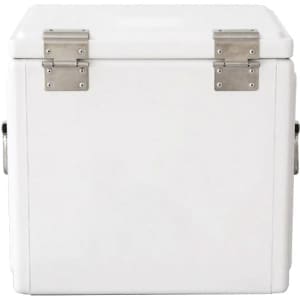 A white metal cooler box with silver hinges and handles, featuring a clean, minimalist design.
