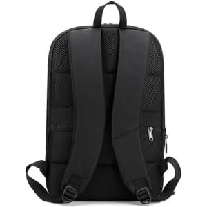 A black expandable laptop backpack with padded straps and a mesh texture on the back. Features a logo.