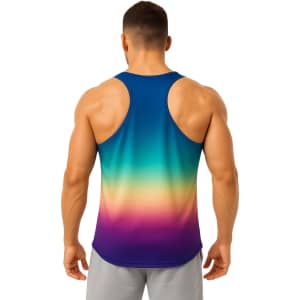 A back view of a men's singlet featuring a gradient design in blue, teal, yellow, and purple. It has a logo.