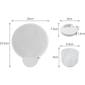 A 20cm foldable fan in white, featuring a reflective surface and a compact design for easy storage.