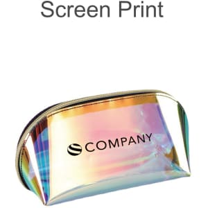 A holographic cosmetic pouch featuring a zip closure and a logo, displaying iridescent colours.