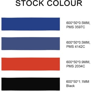 A selection of resistance bands in royal blue, navy blue, red, and black. Features a branding logo.