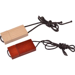 A wooden string flash drive in natural and dark wood finishes, connected by a cord for easy carrying.