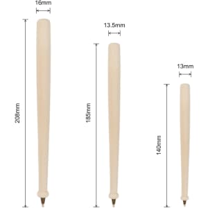 A wooden baseball bat-shaped pen in a light colour, with three size variations and a logo on the side.