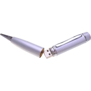 A silver pen that transforms into a USB flash drive, featuring a clip and a removable cap.