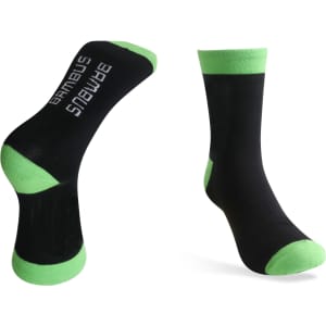 A pair of black bamboo socks with vibrant green accents and a logo on the side.
