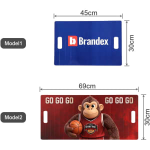 Two clap banners: one is blue with a logo, the other features a cartoon monkey holding a basketball on a red background.
