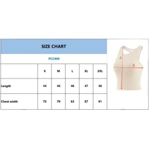 A size chart for a Women's Seamless Wide-Strap Racerback Yoga Bra Tank, featuring measurements for different sizes.
