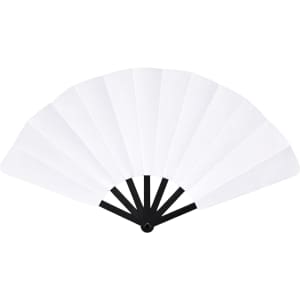 A plastic hand fan with black supports and white blades, fanned out for display. It features a logo on the handle.