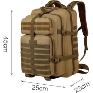 A tactical backpack in tan with multiple straps and compartments, measuring 45cm x 25cm x 23cm. Features a logo.