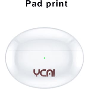 A white charging case for wireless earbuds with a small green indicator light and branding on the front.