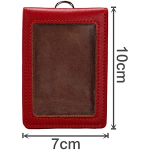 A red PU leather ID card holder with a clear window and stitching details, measuring 7cm by 10cm.