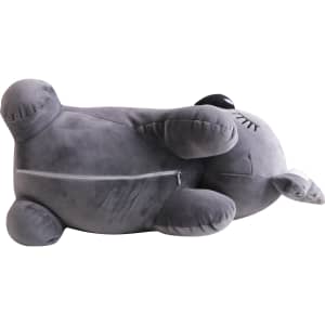 A grey animal plush toy, designed as a soft pillow with limbs, featuring a zip for storage.