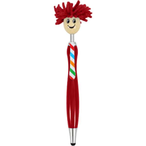 A red pen with a smiley head, featuring red yarn hair and a striped tie, plus a logo on the side.