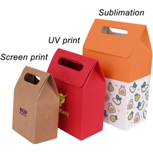 Three die cut handle bags in various colours: orange, red, and brown, showcasing different printing styles.