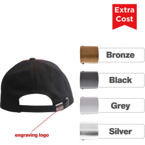 A black cap with a contrast trim and an adjustable strap at the back, featuring options for custom logo engraving.